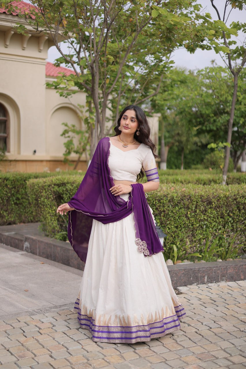 Womenline White & Purple Navratri Lehenga Choli with Flared Skirt and Contrast Dupatta