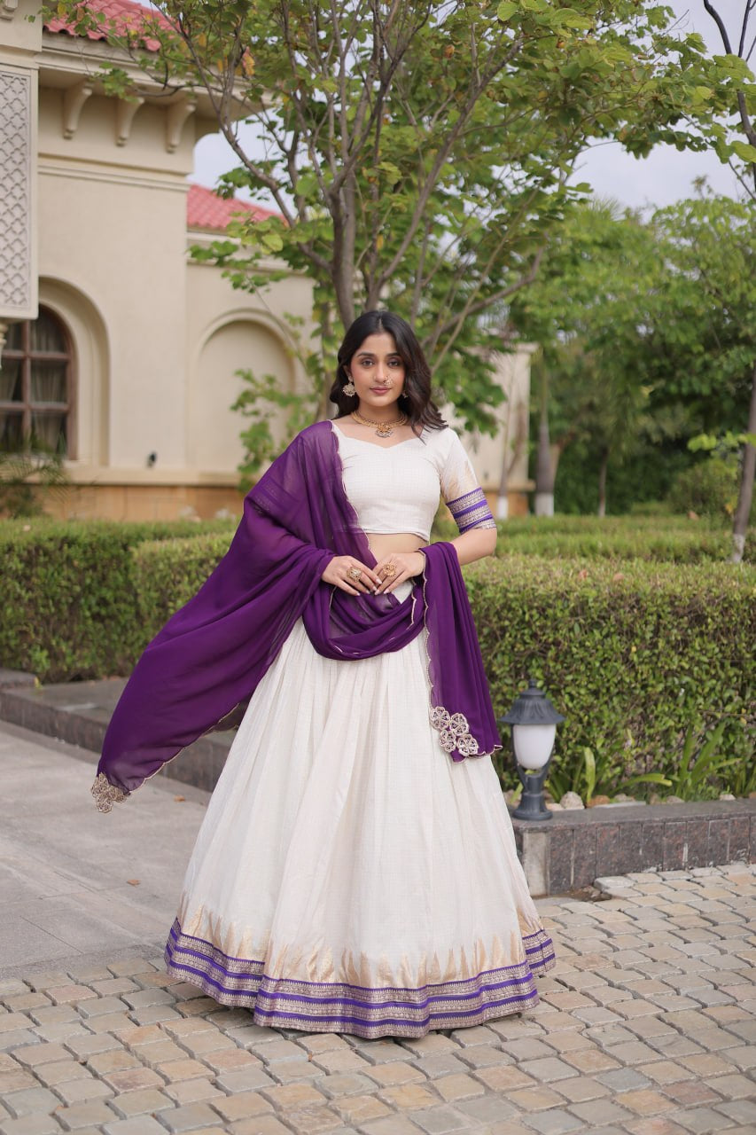 Womenline White & Purple Navratri Lehenga Choli with Flared Skirt and Contrast Dupatta