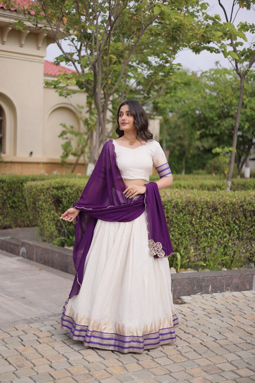 Womenline White & Purple Navratri Lehenga Choli with Flared Skirt and Contrast Dupatta