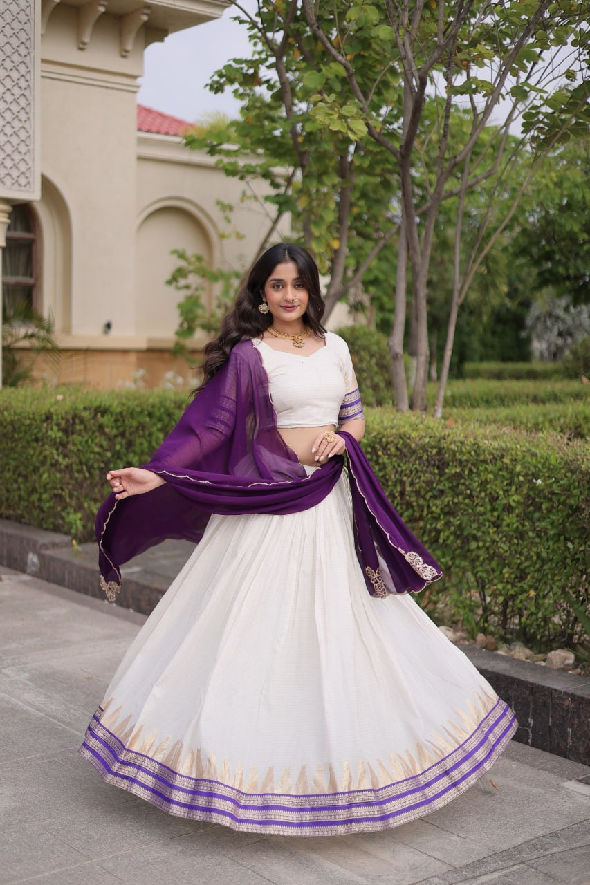 Womenline White & Purple Navratri Lehenga Choli with Flared Skirt and Contrast Dupatta