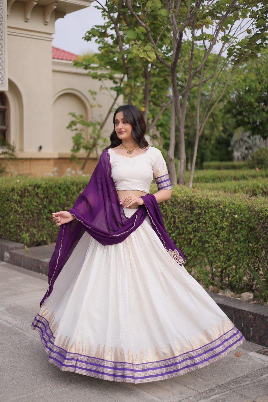 Womenline White & Purple Navratri Lehenga Choli with Flared Skirt and Contrast Dupatta