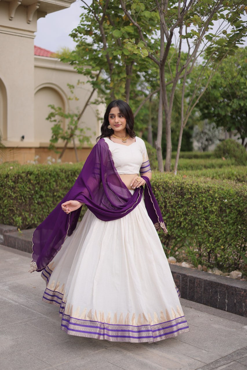 Womenline White & Purple Navratri Lehenga Choli with Flared Skirt and Contrast Dupatta