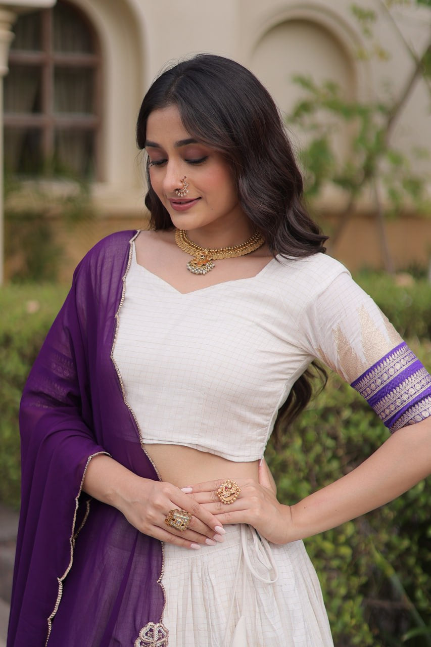 Womenline White & Purple Navratri Lehenga Choli with Flared Skirt and Contrast Dupatta