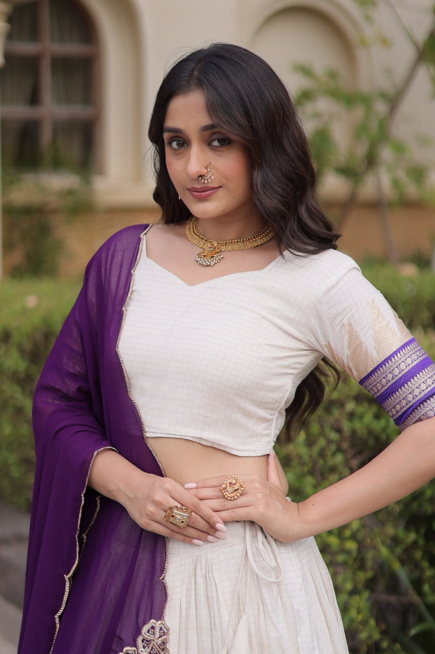 Womenline White & Purple Navratri Lehenga Choli with Flared Skirt and Contrast Dupatta