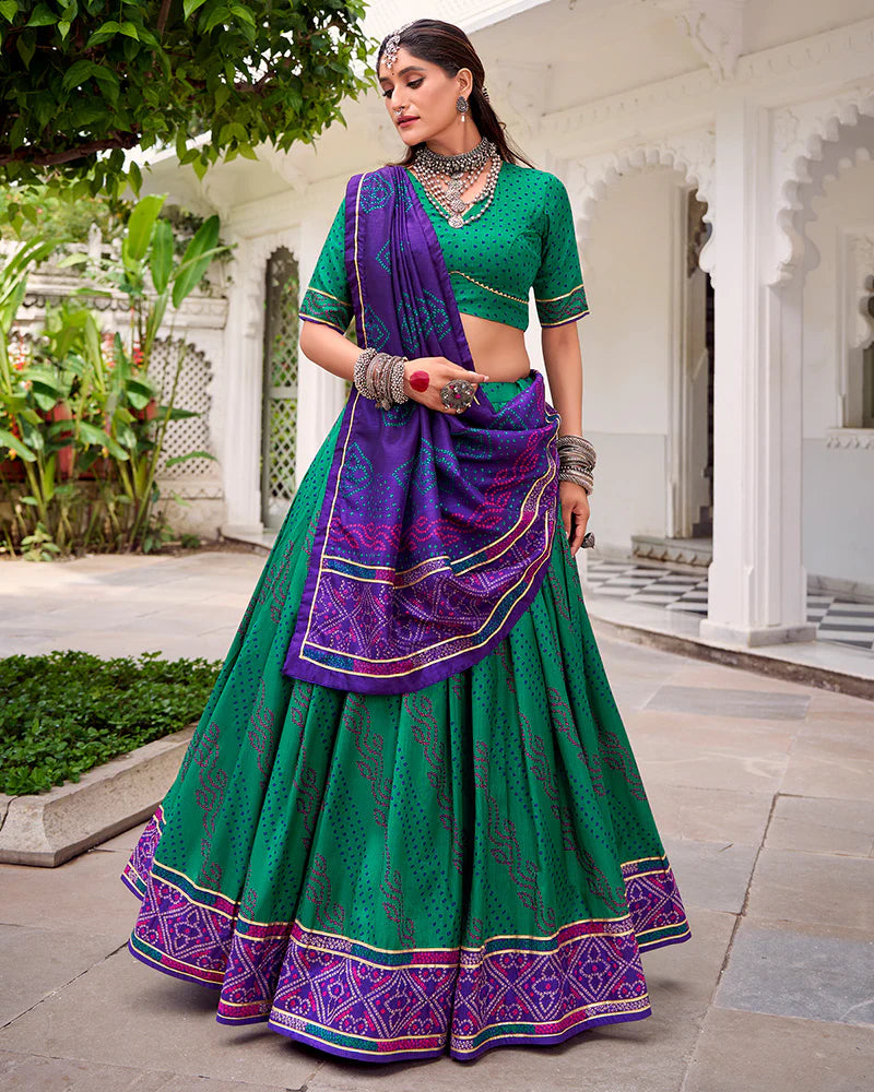 Womenline Elegant Green Color Tussar Silk Bandhej Navratri Lehenga Choli