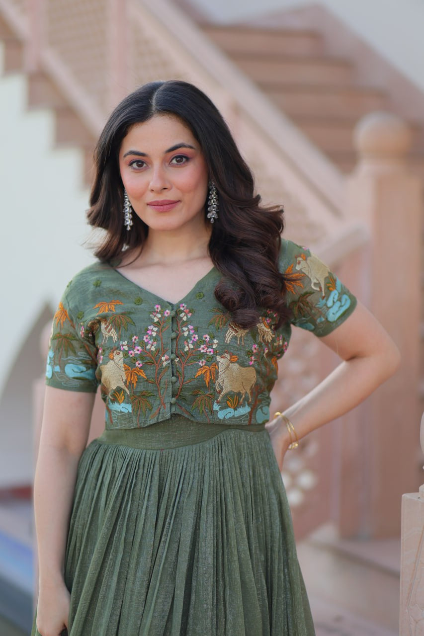 Womenline Pista Green Color Silver Crunchy Gown