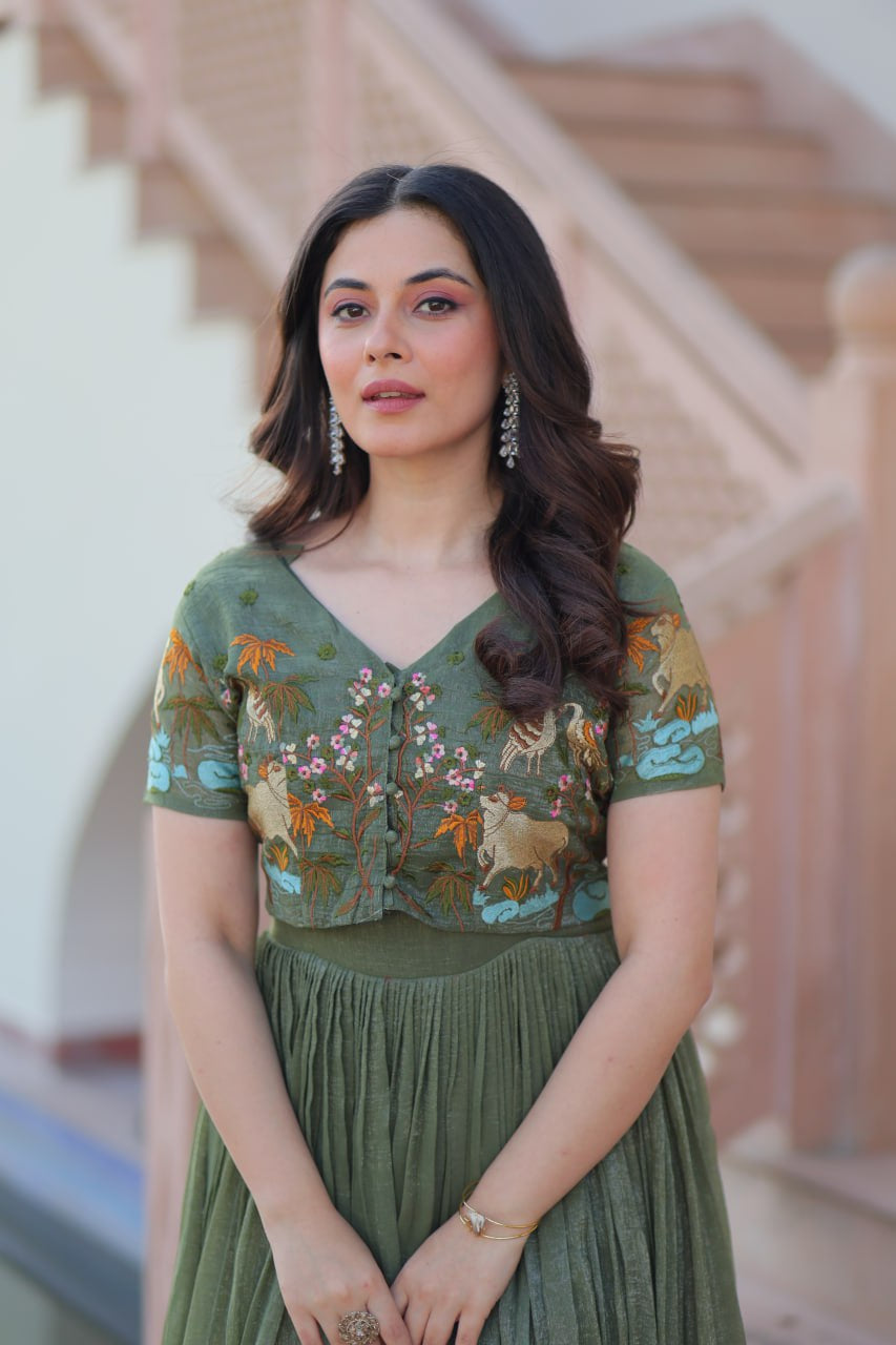 Womenline Pista Green Color Silver Crunchy Gown