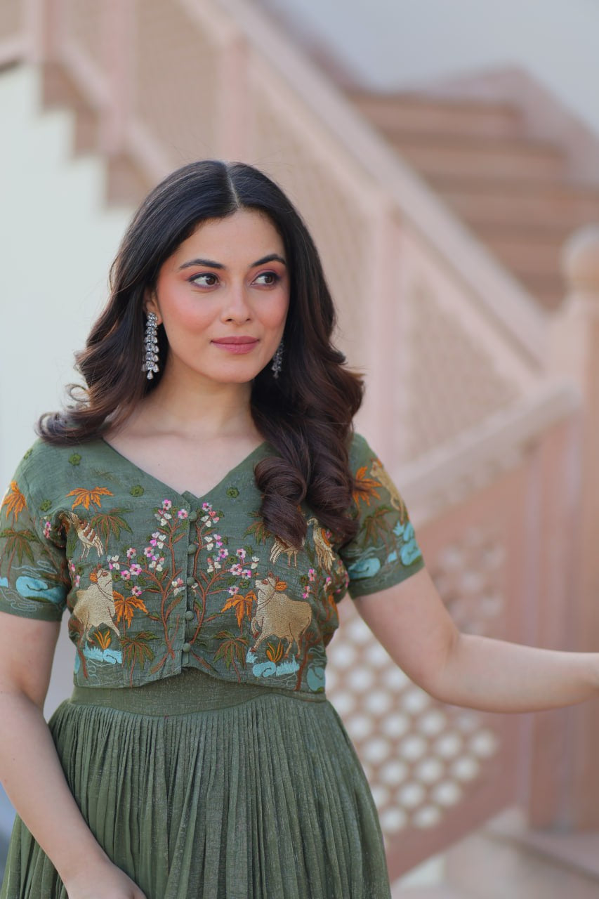 Womenline Pista Green Color Silver Crunchy Gown