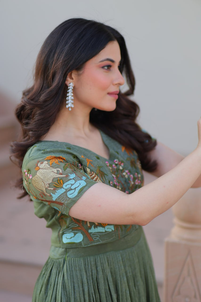 Womenline Pista Green Color Silver Crunchy Gown