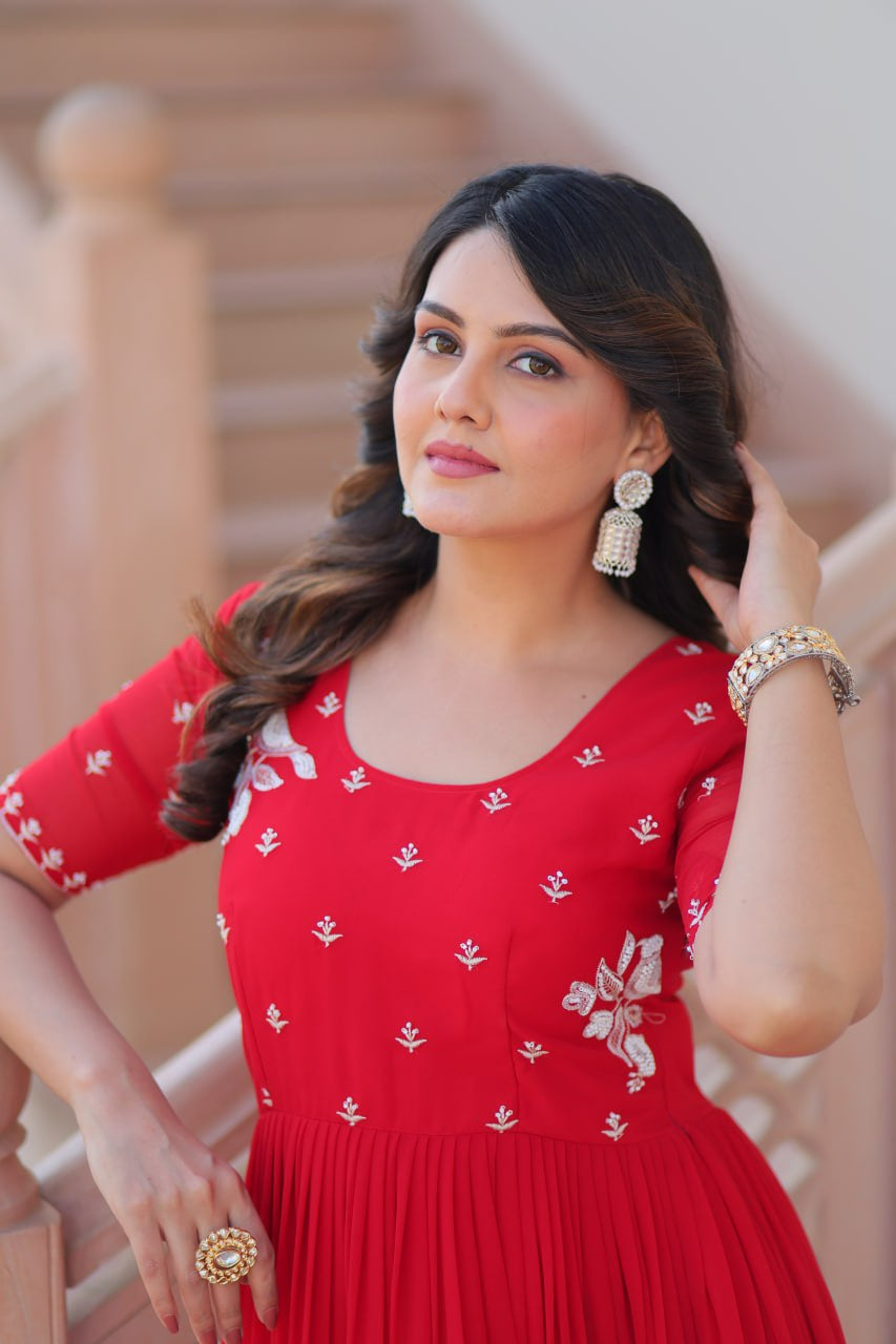 Womenline Red Color Faux Blooming with Beads embroidery-work