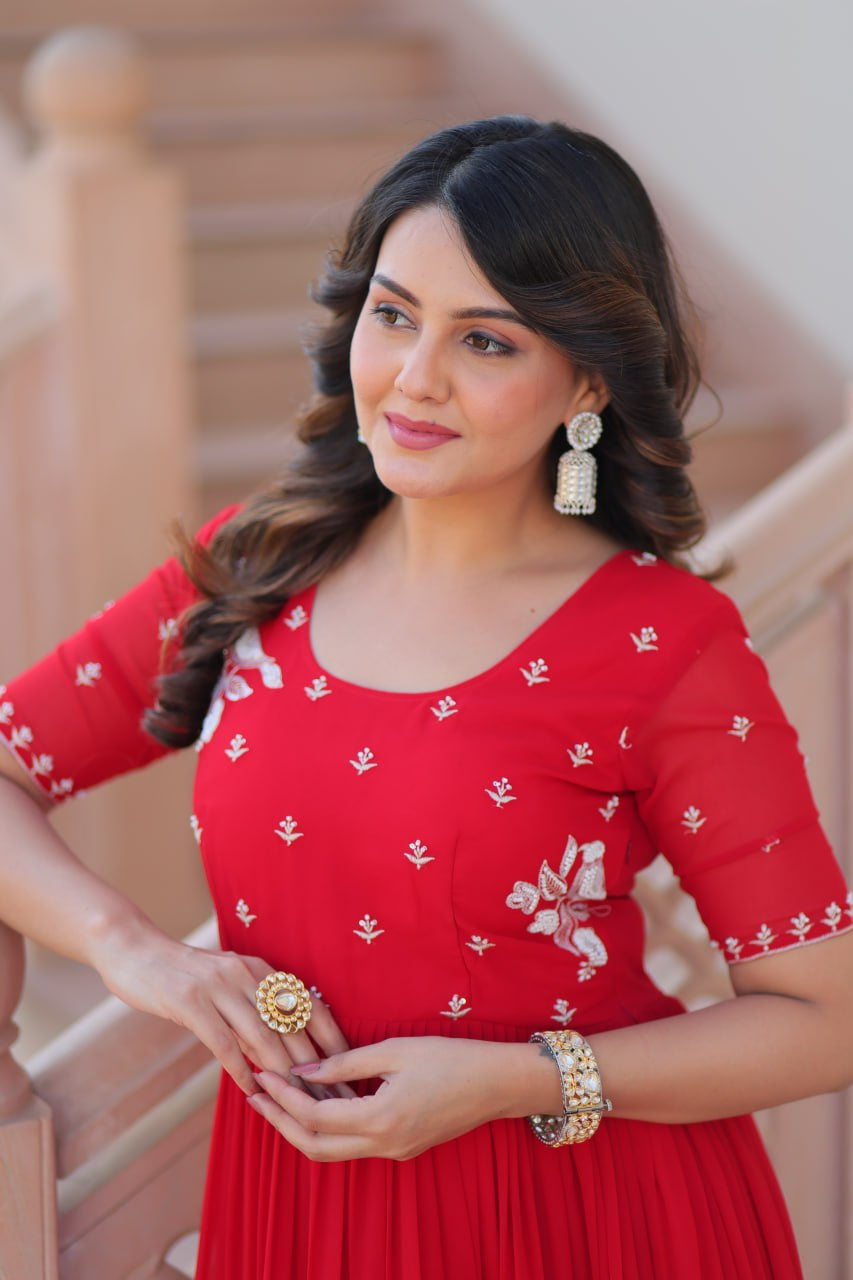 Womenline Red Color Faux Blooming with Beads embroidery-work