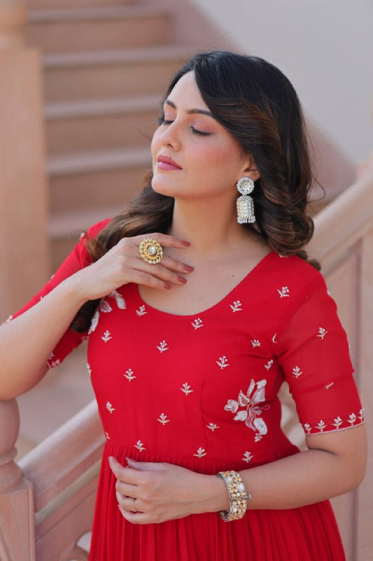 Womenline Red Color Faux Blooming with Beads embroidery-work