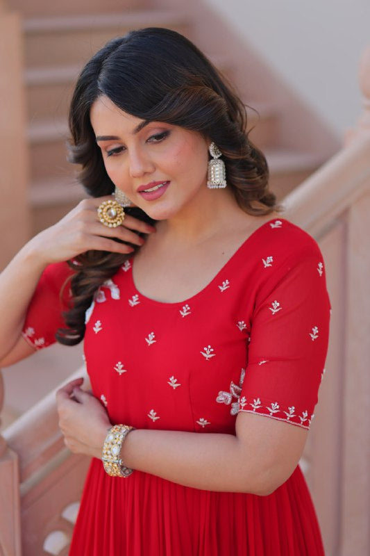 Womenline Red Color Faux Blooming with Beads embroidery-work