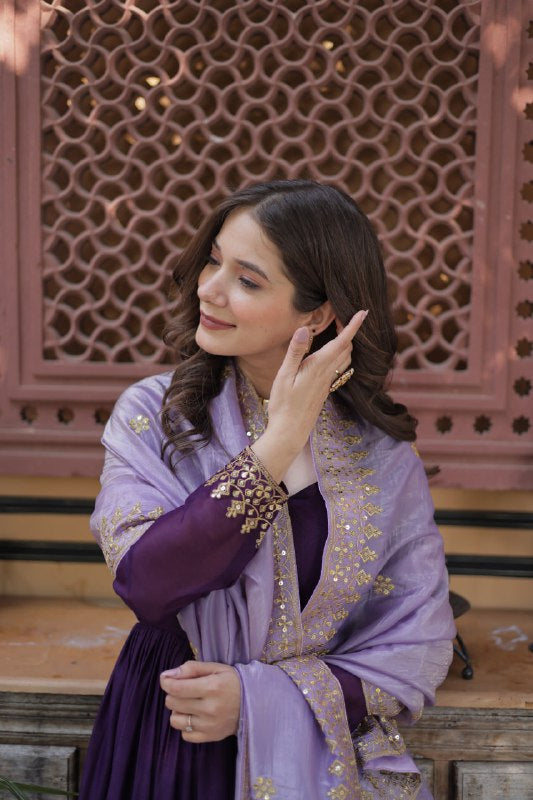 Womenline Wine Color Star Georgette with Embroidery Zari Sequins-work