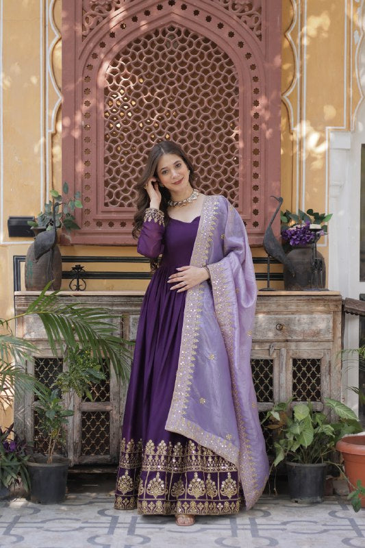 Womenline Wine Color Star Georgette with Embroidery Zari Sequins-work