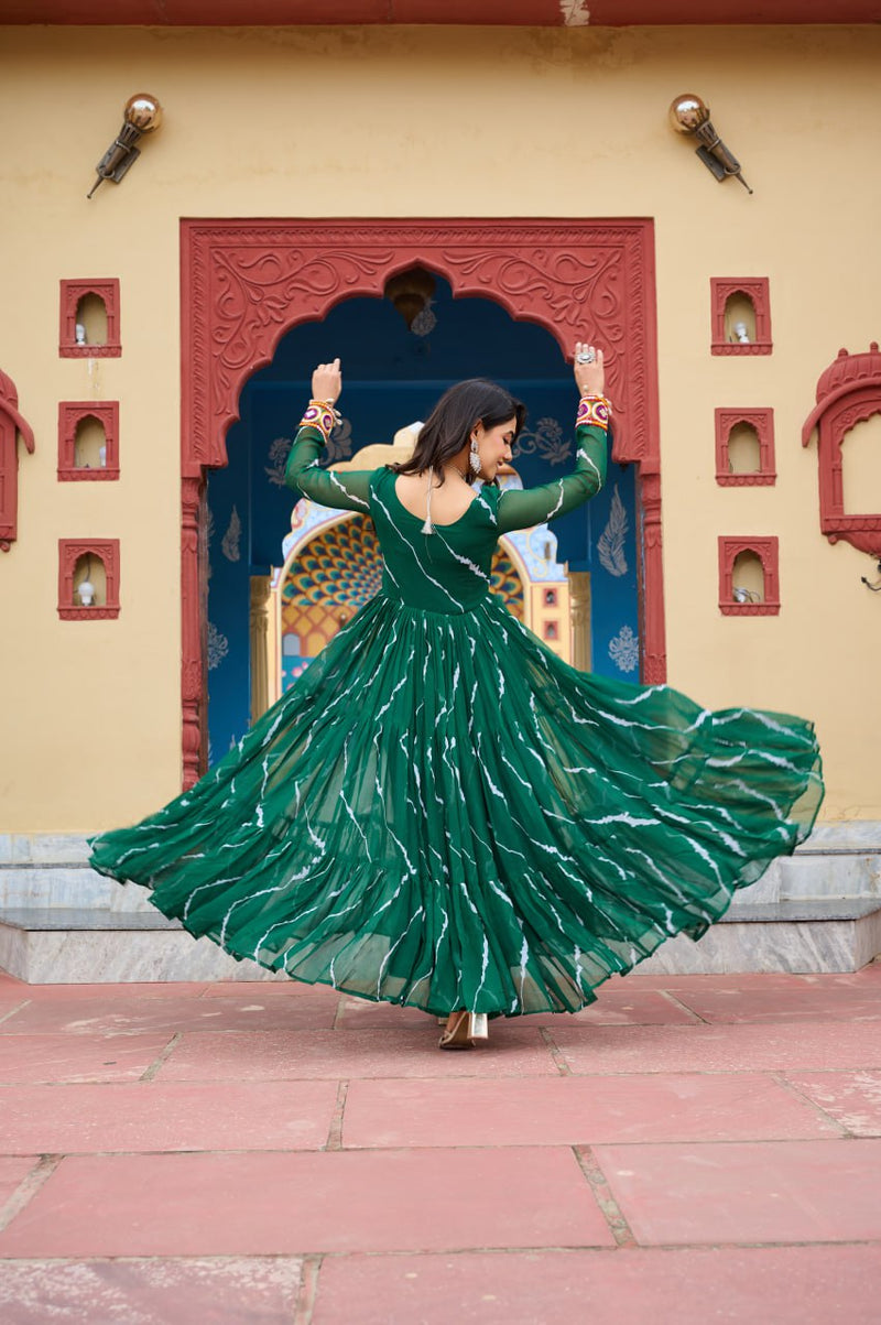 Womenline Green Color Georgette Laheriya Print Navratri Gown