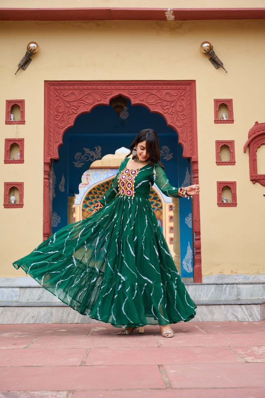 Womenline Green Color Georgette Laheriya Print Navratri Gown