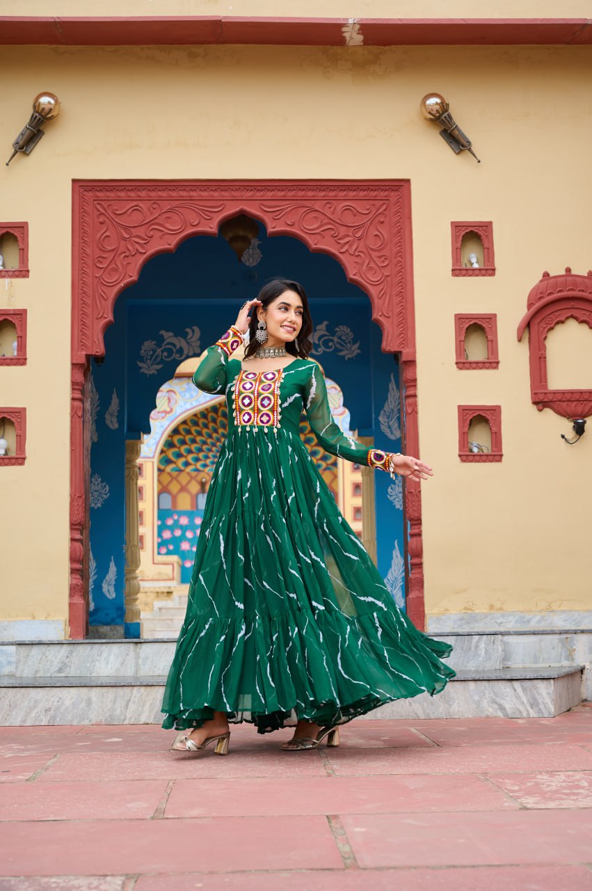 Womenline Green Color Georgette Laheriya Print Navratri Gown
