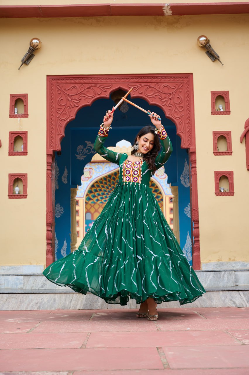Womenline Green Color Georgette Laheriya Print Navratri Gown