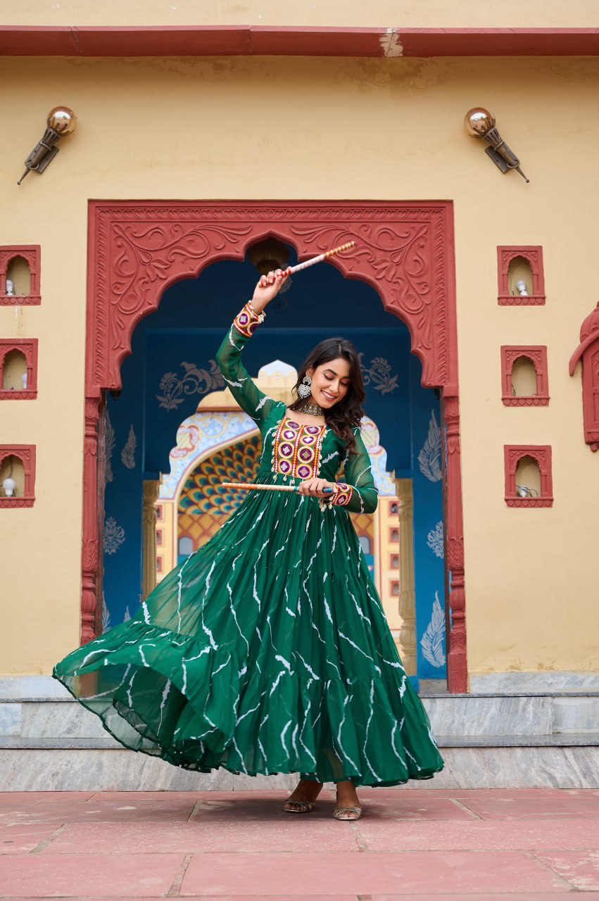 Womenline Green Color Georgette Laheriya Print Navratri Gown