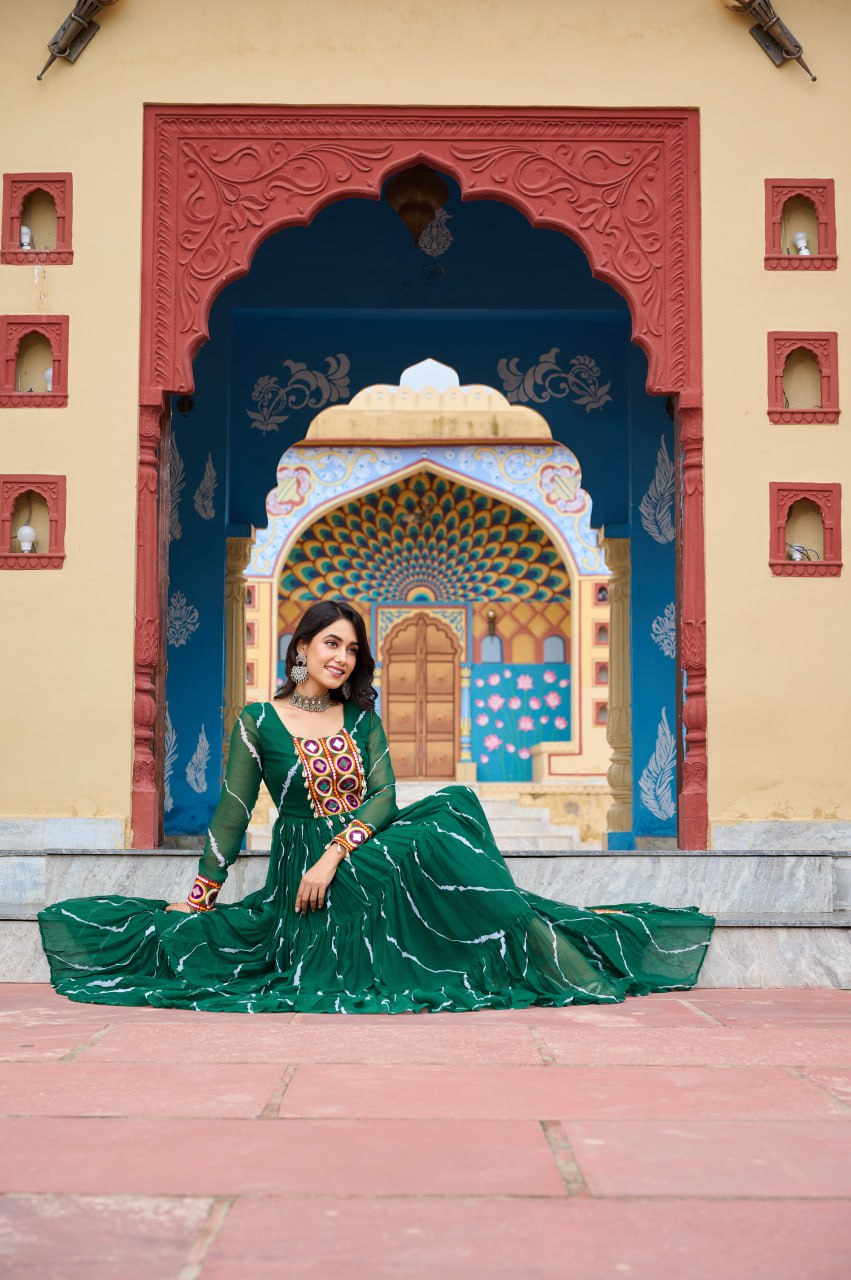 Womenline Green Color Georgette Laheriya Print Navratri Gown