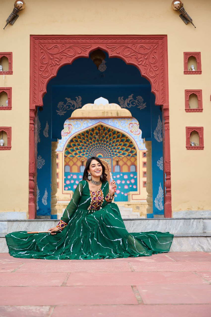 Womenline Green Color Georgette Laheriya Print Navratri Gown