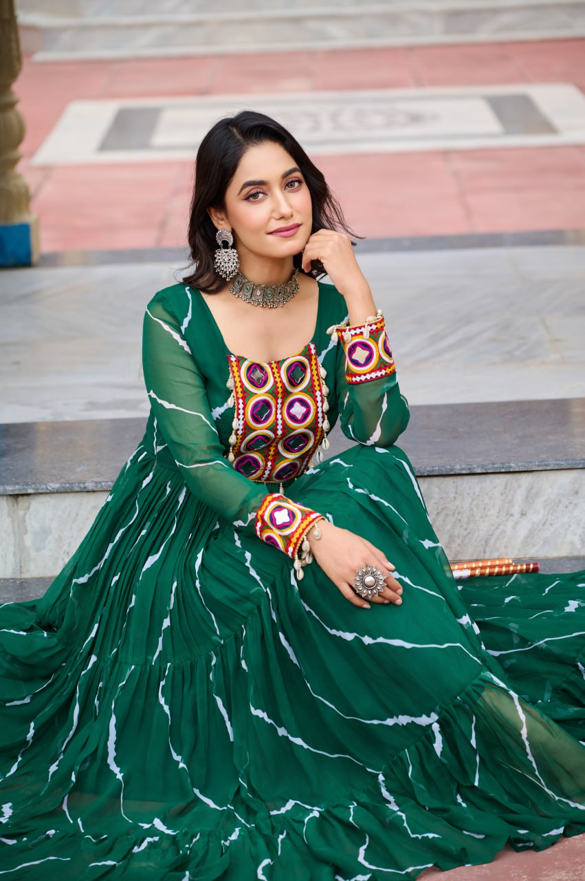 Womenline Green Color Georgette Laheriya Print Navratri Gown