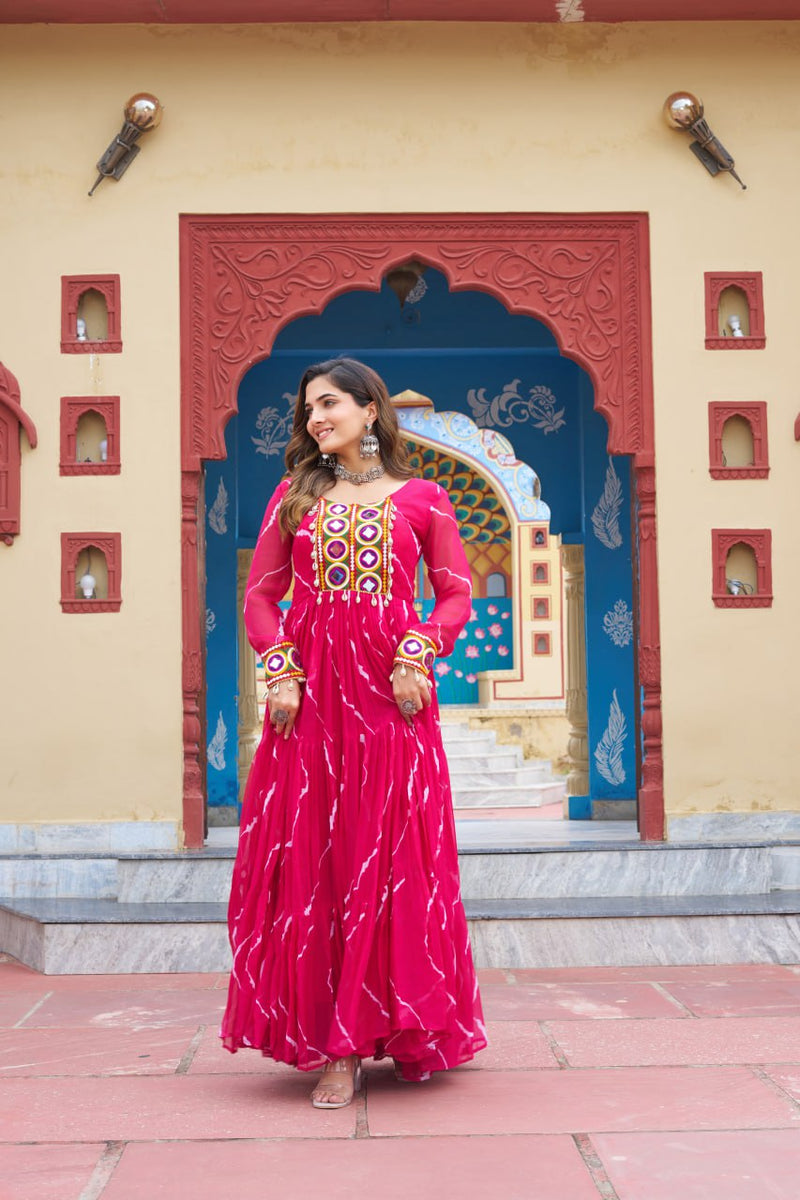 Womenline Rani Pink Color Georgette Laheriya Print Navratri Gown