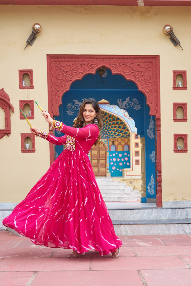 Womenline Rani Pink Color Georgette Laheriya Print Navratri Gown