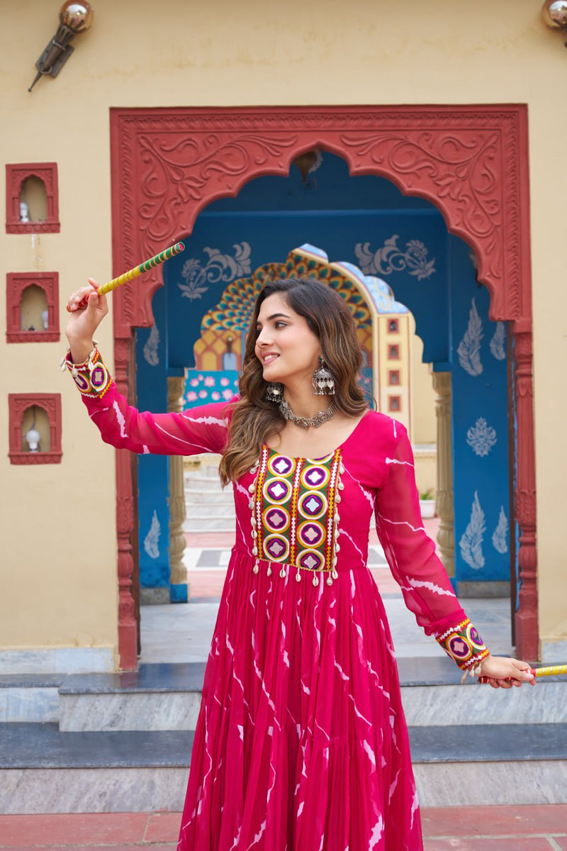 Womenline Rani Pink Color Georgette Laheriya Print Navratri Gown