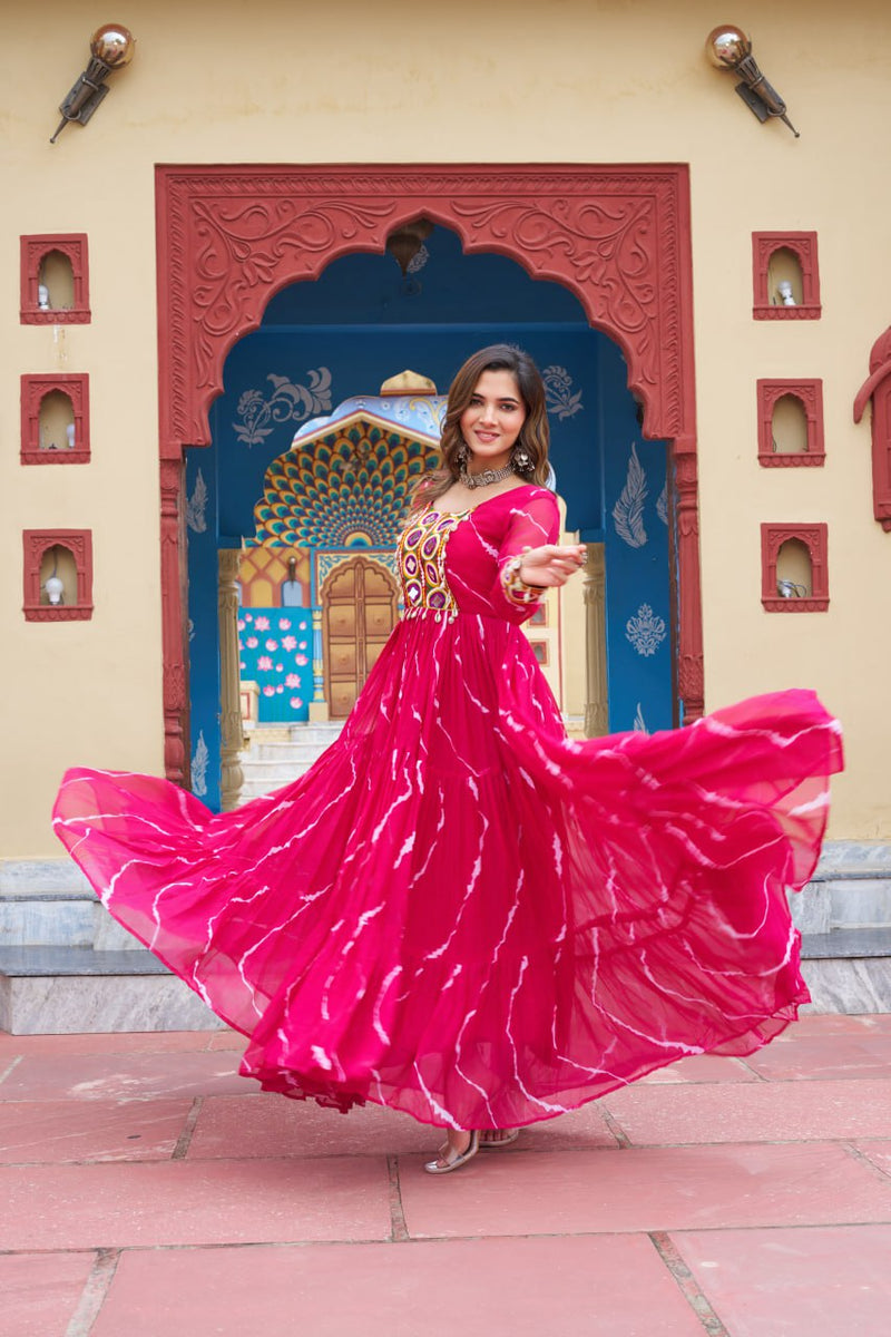 Womenline Rani Pink Color Georgette Laheriya Print Navratri Gown
