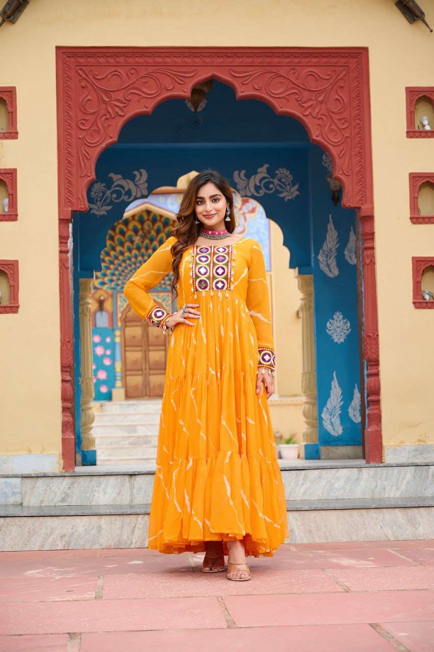 Womenline Yellow Color Georgette Laheriya Print Navratri Gown