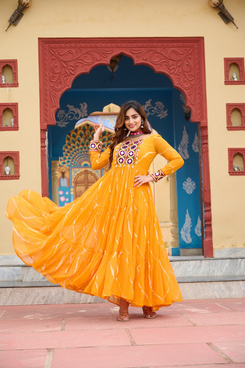 Womenline Yellow Color Georgette Laheriya Print Navratri Gown