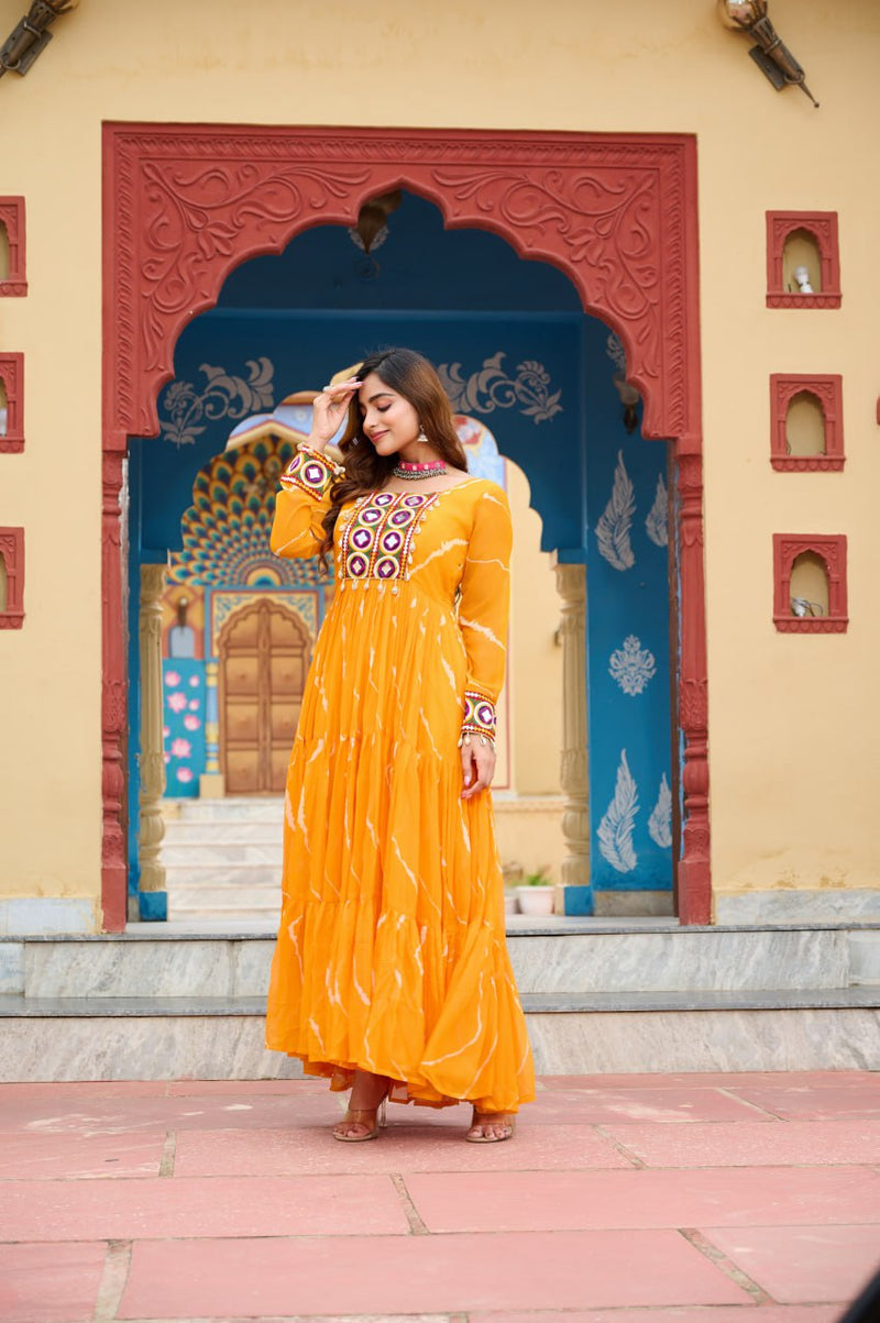Womenline Yellow Color Georgette Laheriya Print Navratri Gown