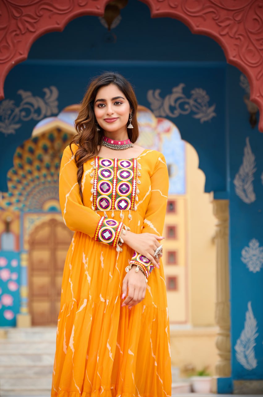 Womenline Yellow Color Georgette Laheriya Print Navratri Gown