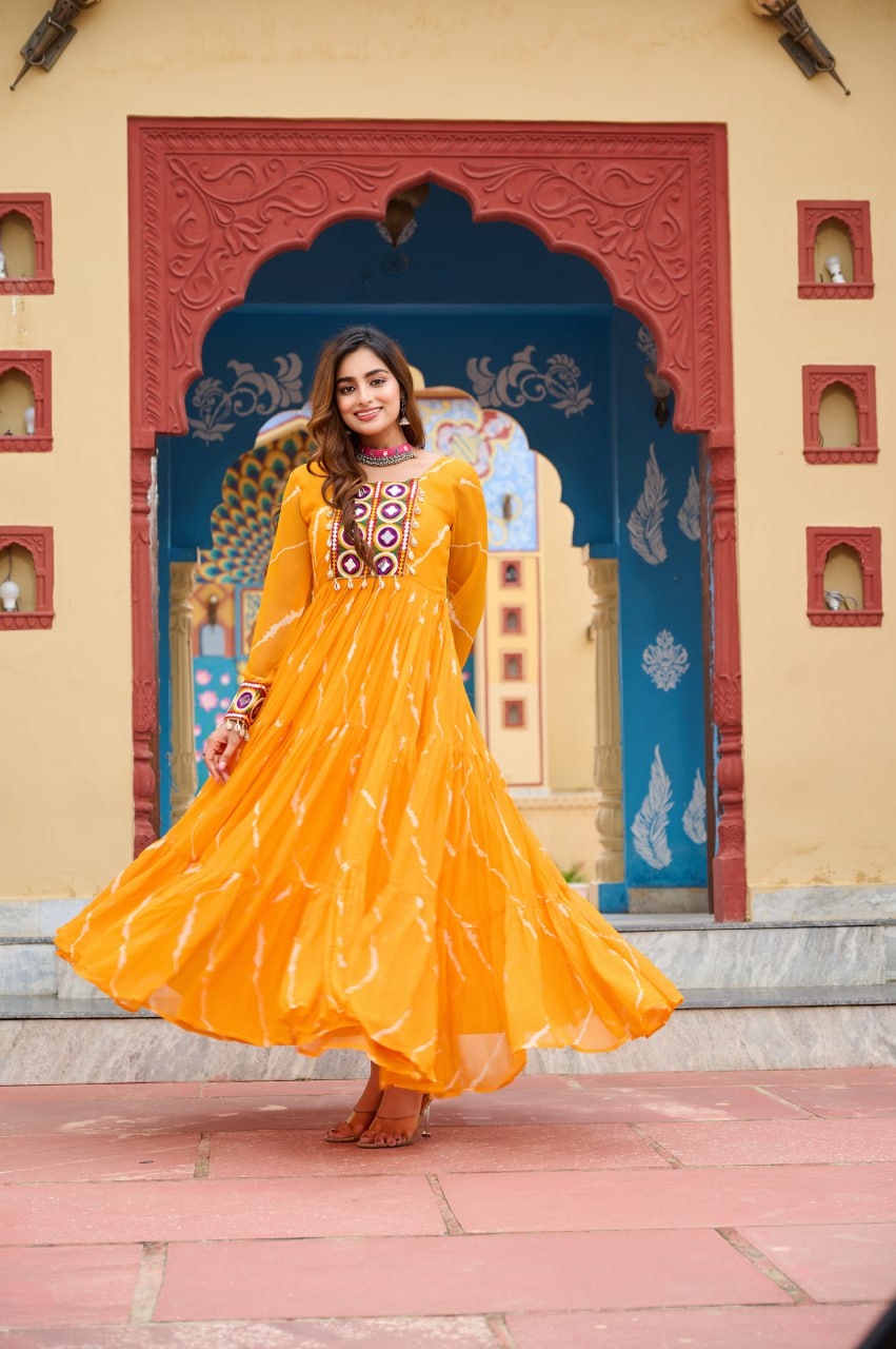 Womenline Yellow Color Georgette Laheriya Print Navratri Gown