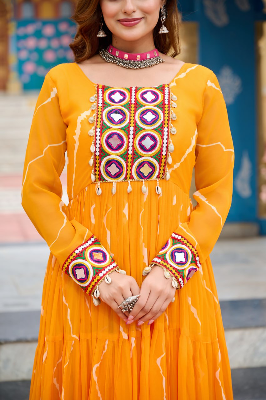 Womenline Yellow Color Georgette Laheriya Print Navratri Gown