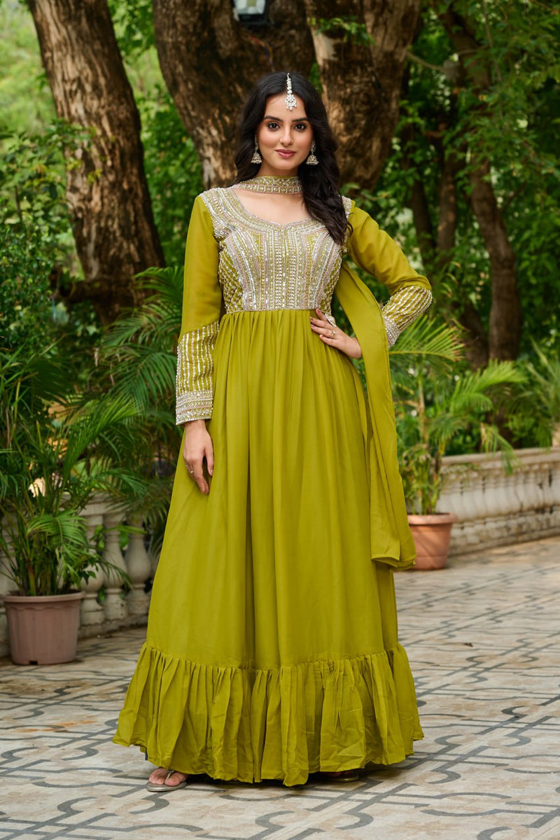 Womenline Green Color Star Georgette with Embroidery Beads Sequins-work