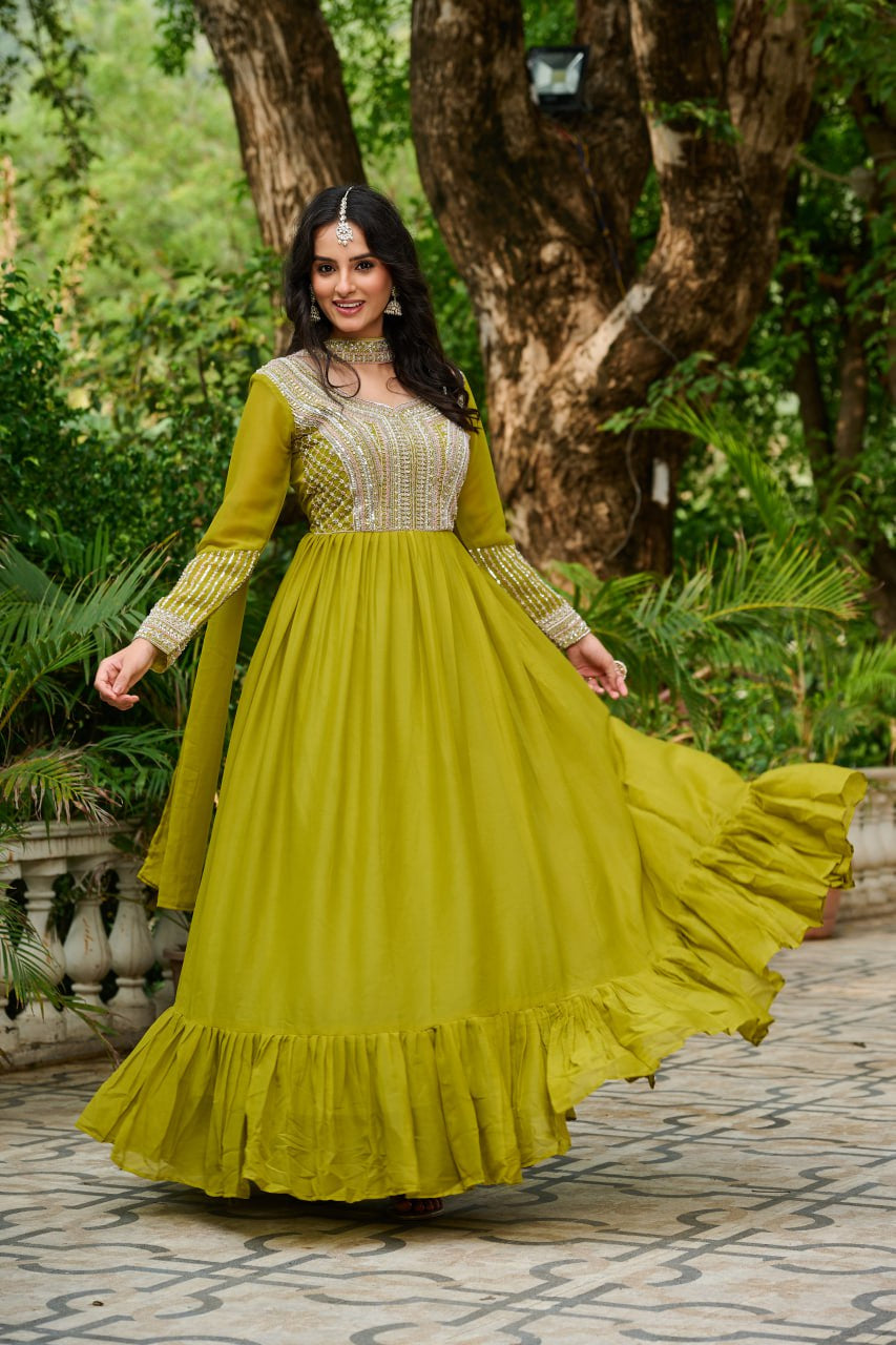 Womenline Green Color Star Georgette with Embroidery Beads Sequins-work