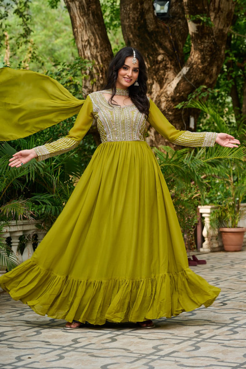 Womenline Green Color Star Georgette with Embroidery Beads Sequins-work