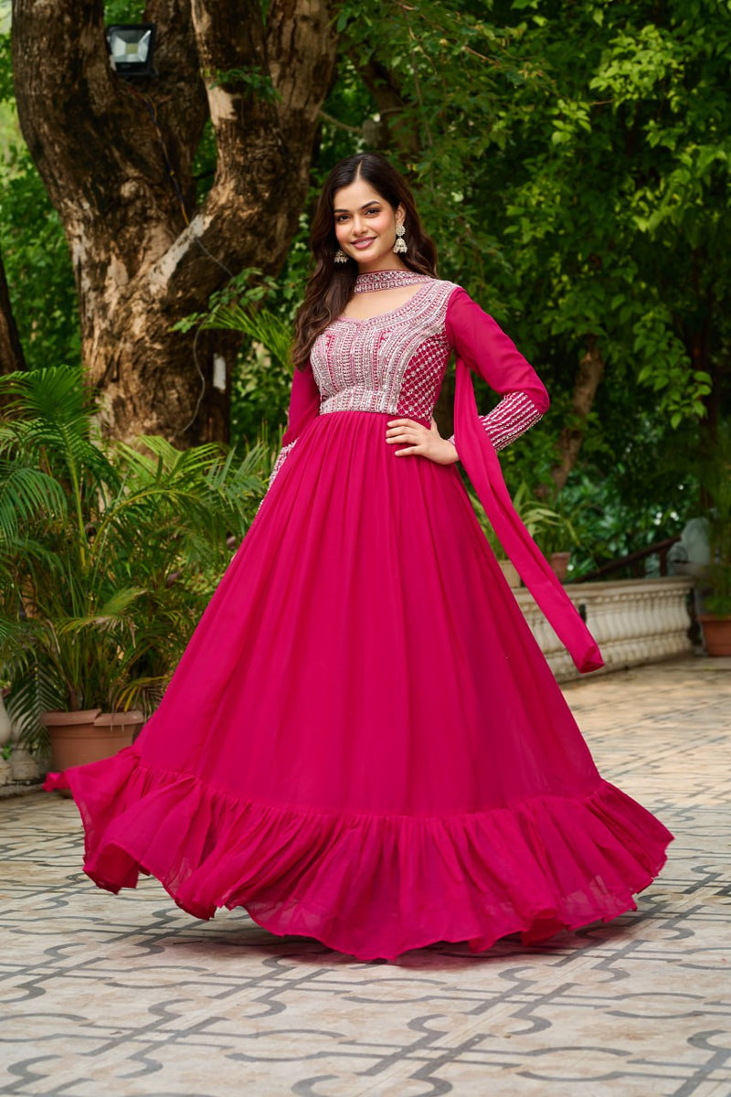 Womenline Pink Color Star Georgette with Embroidery Beads Sequins-work
