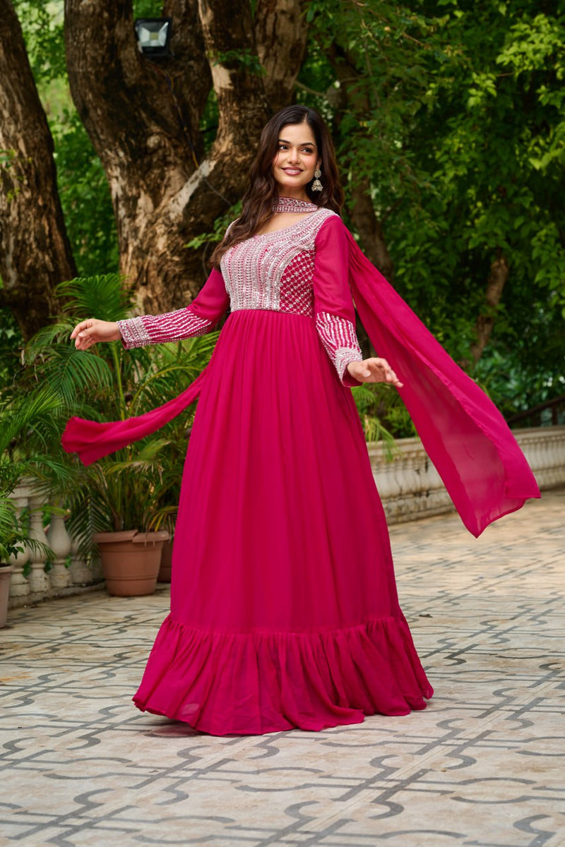 Womenline Pink Color Star Georgette with Embroidery Beads Sequins-work