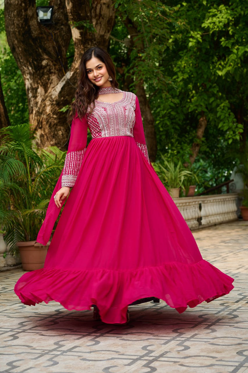 Womenline Pink Color Star Georgette with Embroidery Beads Sequins-work
