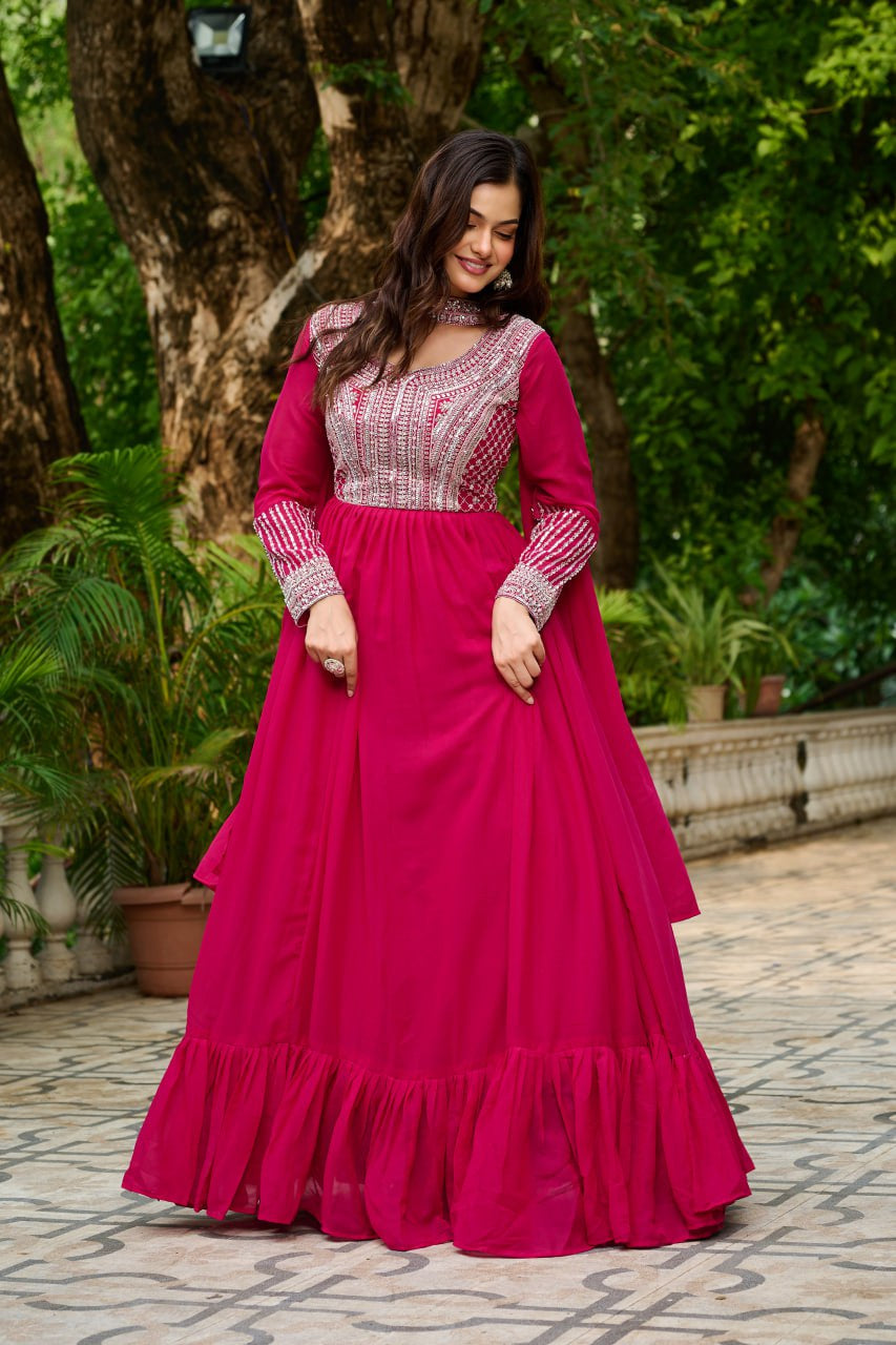 Womenline Pink Color Star Georgette with Embroidery Beads Sequins-work