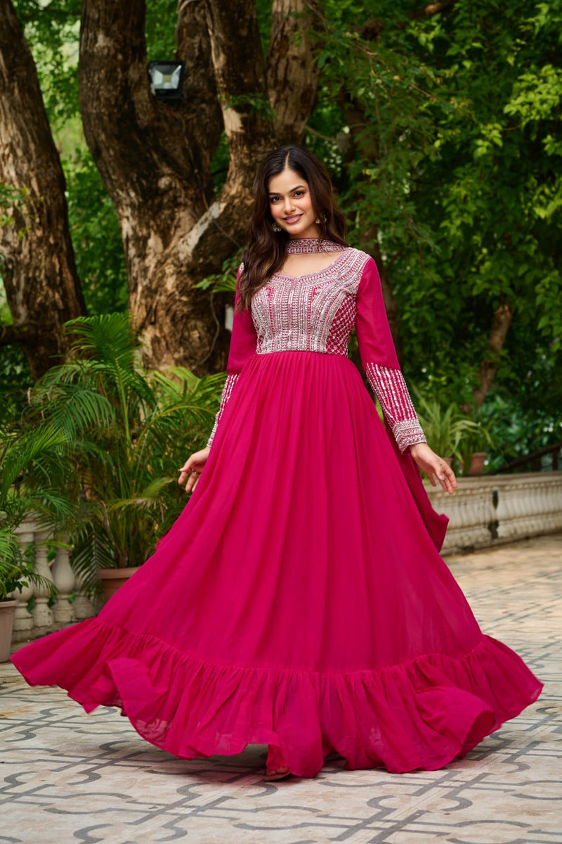 Womenline Pink Color Star Georgette with Embroidery Beads Sequins-work