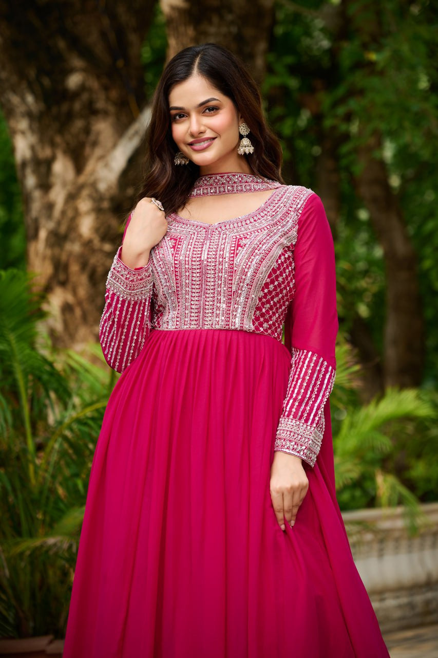 Womenline Pink Color Star Georgette with Embroidery Beads Sequins-work