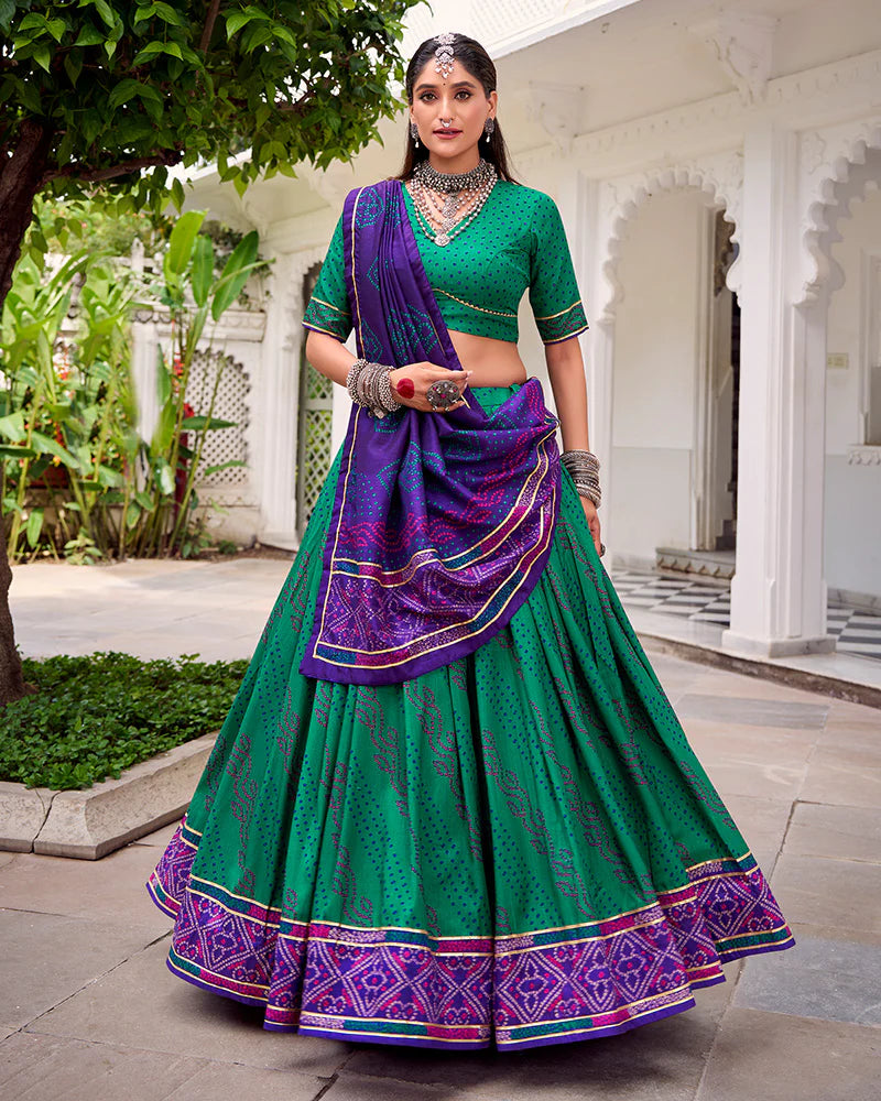 Womenline Elegant Green Color Tussar Silk Bandhej Navratri Lehenga Choli