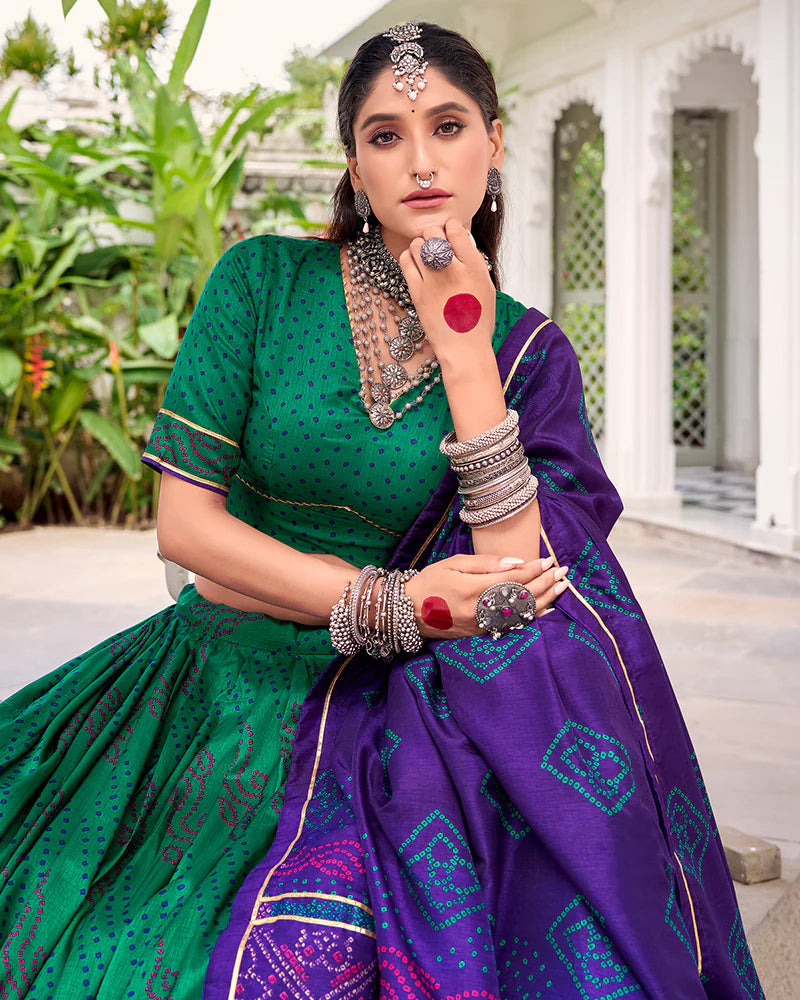 Womenline Elegant Green Color Tussar Silk Bandhej Navratri Lehenga Choli