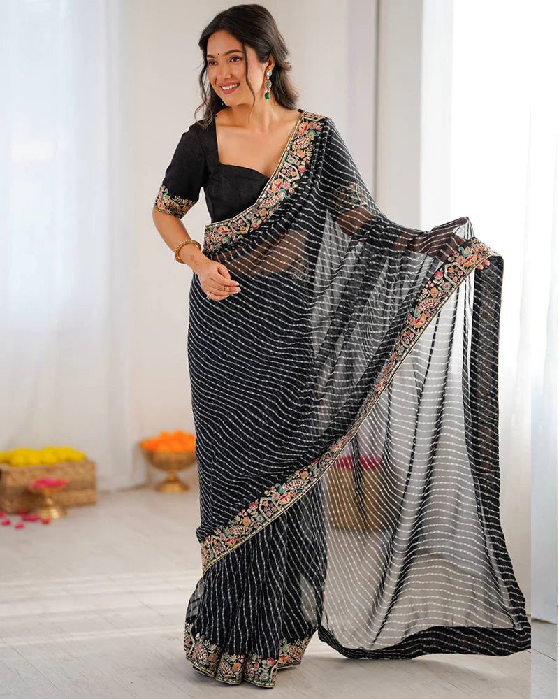 Womenline Black Color Faux Georgette Bandhej Print Saree