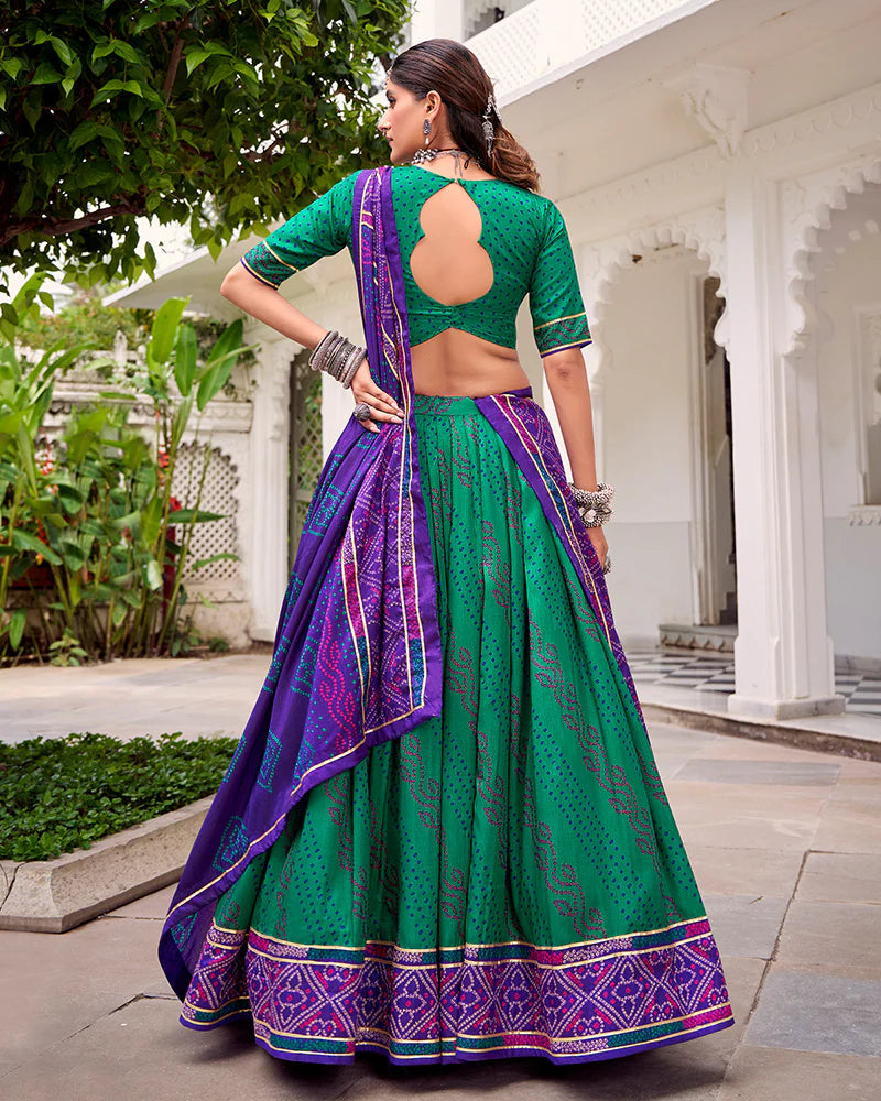 Womenline Elegant Green Color Tussar Silk Bandhej Navratri Lehenga Choli